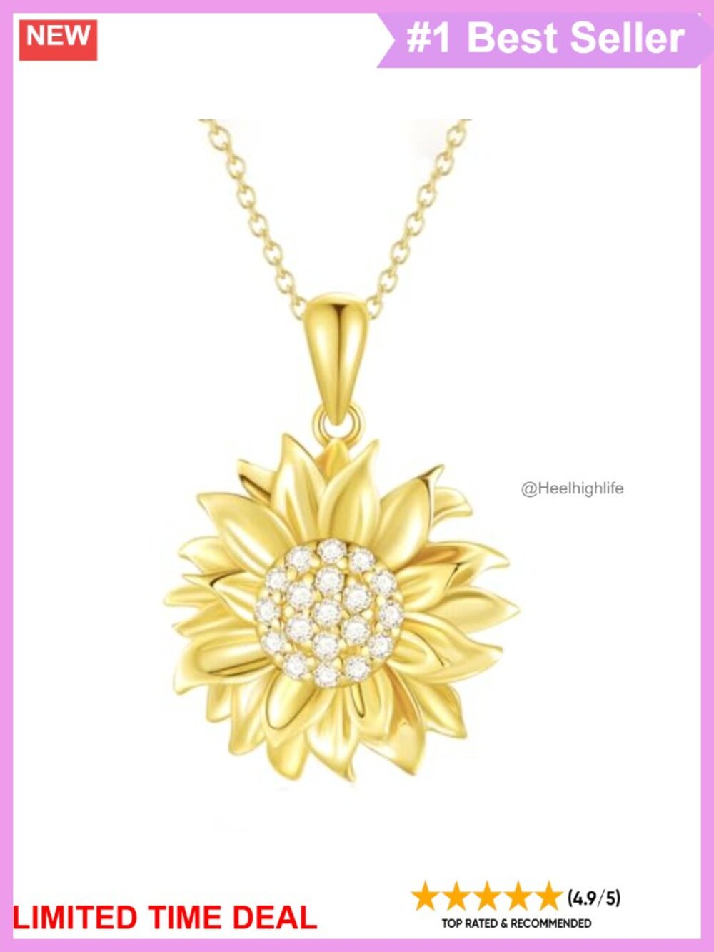 18K Gold Plated Sterling Silver Sunflower Pendant Necklace Diamond